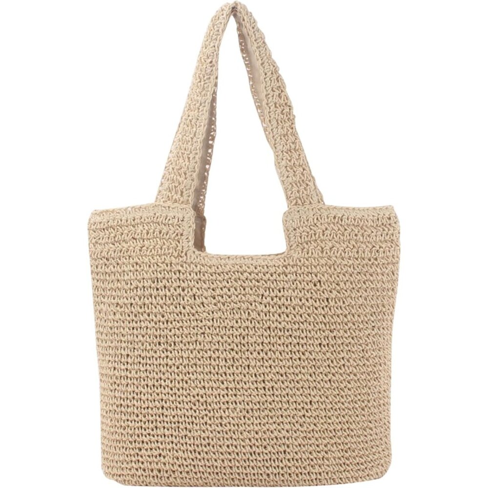 Women Beige Weaving Casual Retro Bag with Zipper Closure Shoulder Handbag Purse